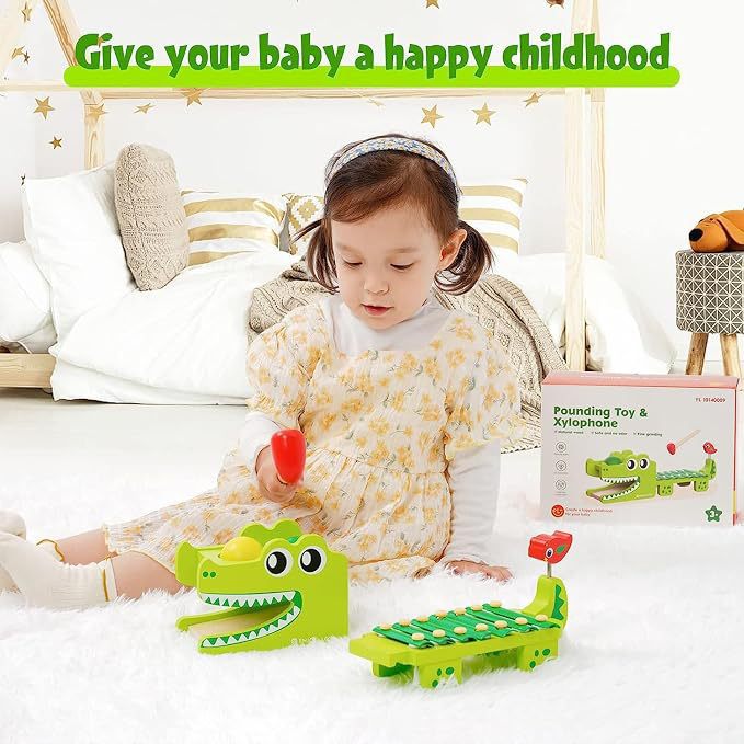 Kids Toys Xylophone - Montessori Holz-Krokodil-Xylophon-Spielzeug, Kugel-Schlag-Hammer-Spiel Frühpädagogisches Musikinstrument für